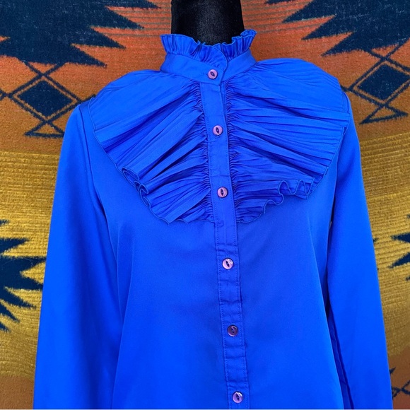 Vintage Shirley of Atlanta poly Royal Blue Ruffled button up blouse. USA. Med. - Picture 5 of 14